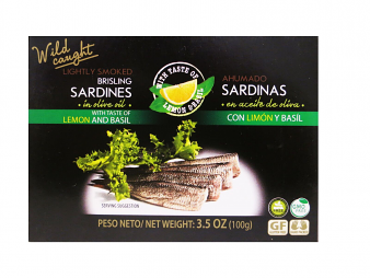 Lightly Smoked Brisling Sardines (Sprats) in Olive Oil w/ Lemon & Basil,3.5 oz/100 g
