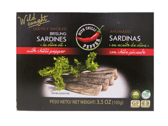 Lightly Smoked Brisling Sardines (Sprats) in Olive Oil w/Chilli Pepper,3.5 oz/100 g